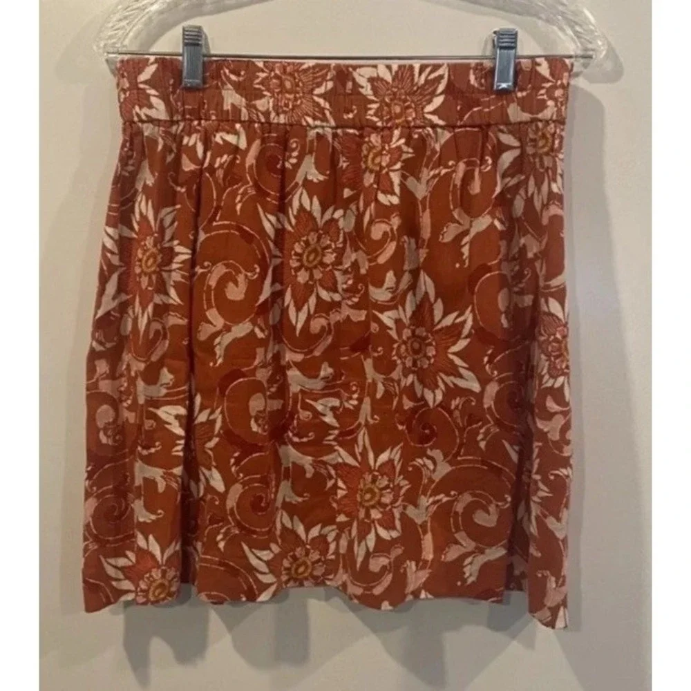 Loft Womens Small Rust Orange Floral Linen Blend Mini Skirt Pockets 0417